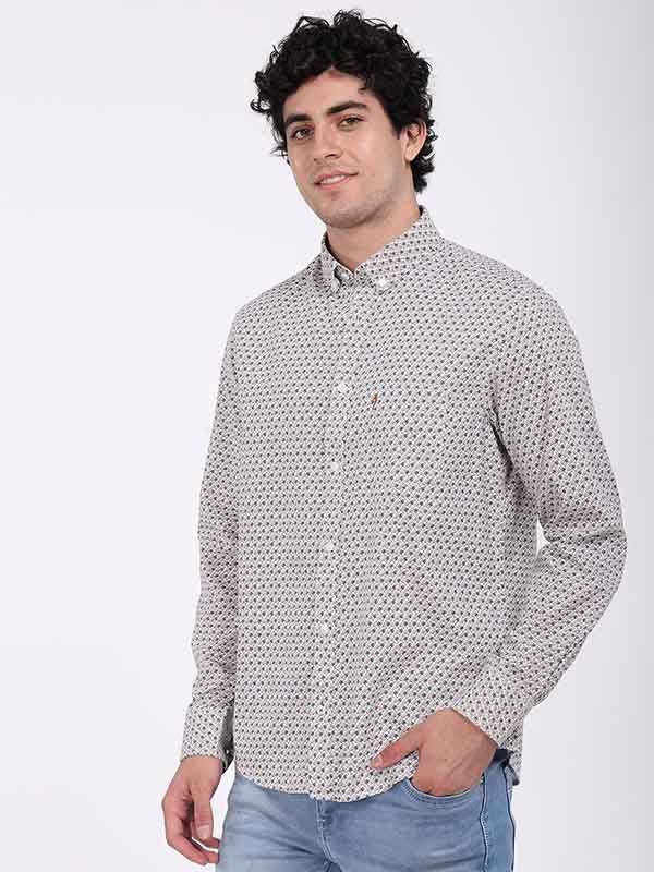 Indian Terrain Men's Regular Fit Full Sleeve Floral Print Off White Shirt